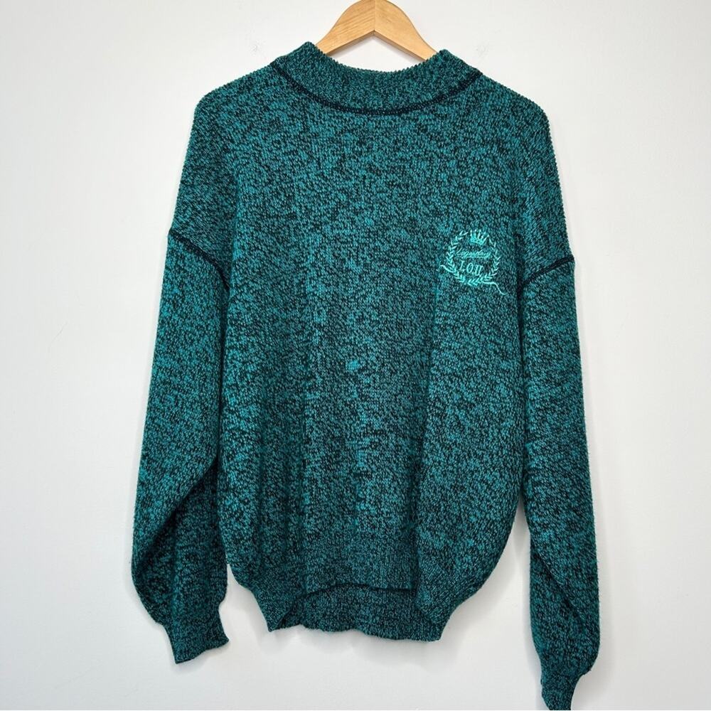 Vintage Teal Chunky Knit Sweater Mens Medium Embroidered Colorful Cozy Winter